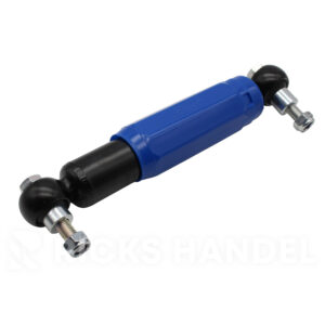 Zijaanzicht van de schokbreker blauw met gemonteerde bouten en metalen huis.